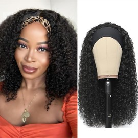 Semicaopㅤ Headband Wig Human Hair Curly Wigs for Black Women 14 inch Wigs Human Hair Glueless Wear and Go None Lace Front Wig Headband Wigs Machine Made 150% Density Natural Color
