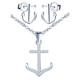 Yumilok Jewellery Set Silver 925 Women's Stud Earrings with Anchor Pendant Necklace with Cubic Zirconia Gifts for Women, Sterling Silver Sterling Silver Zirconia, Cubic Zirconia