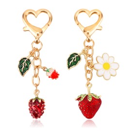 2pcs Cute Strawberry Keychain Set, Heart Clasp Bag Key Chain Charms with Daisy Flower and Green Leaf Car Keyrings Kawaii Purse Accessories for Women Friends Couples Gifts