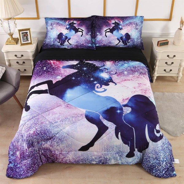 Wowelife 5-Piece Bedding Sets for Girls Queen, Premium Galaxy Unicorn Comforter Set Queen, 3D Unicorn Bedding Set, Comfortable and Soft for Kids and Adults