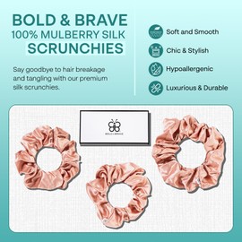 BB BOLD & BRAVE 100% Pure Mulberry Silk Scrunchies– Luxurious, Elastic Hair Ties for All Hair Types– Anti-Crease, Prevent Breakage & Tangling, Soft & Durable for All Day Hold - Rose gold (Pack of 3)