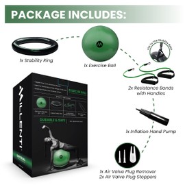 Millenti Exercise Ball Chair 65cm - Yoga Ball Chair Stability Base Ring & Fitness Resistance Bands for Home, Gym, Pilates, Office Chair, Pregnancy Birthing Ball, Workout Chart, Green, YB2LG