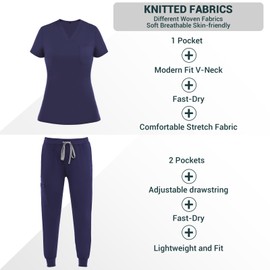 Women's 4-Way Stretch Scrubs Set, V-Neck Top & Joggers, Soft Anti-Wrinkle Medical Uniform