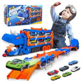 Toddler Toys Car Track Set, Dinosaur Transporter Truck Toys with 12 Race Car, Transform Carrier Truck with Handle, Portable Truck Car Toy with 61.8 inch Race Track, Gift for Age 3-8 Boys Girls