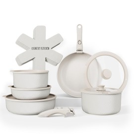 Country Kitchen Cookware Set with Removable Handle, Oven & RV Safe Pots and Pans Set, Cream Rhombus, Original