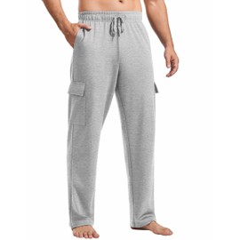 PINSPARK Cargo Sweatpants for Men Open Bottom Baggy Sweat Lounge Pants with Pockets Straight Leg for Casual Workout Yoga Light Grey
