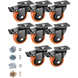 Casters, 3" Caster Wheels，Casters Set of 8 Heavy Duty - ASRINIEY Orange Polyurethane Castors, Top Plate Swivel Wheels, 8-Pack Industrial Casters with Brake, Locking Casters for Furniture and Workbench