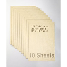 Baltic Birch Plywood - 1/8 Inch Thickness - 8" x 12" Wood Sheets for Laser Cutting, CNC Cutting and Crafts - Pack of 10, by TX liteart