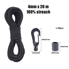 VirtuGro 20M Bungee Cords with Hooks 4mm Elastic Rope, 60Pcs Heavy Duty Plastic Hooks Black Elastic Shock Cords with Locks for Trailer Tarplin Tent Pole Pond Netting Kayaking Garden Furniture Bicycle