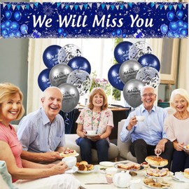 Blue We Will Miss You Party Decorations Navy Blue Silver We Will Miss You Banner and 18Pcs Good Luck We Will Miss You Balloons for Farewell Going Away Retirement Graduation Goodbye Party