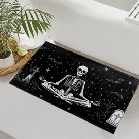 SOAYOH Skeleton Meditation Indoor Door Mat, Skull Bat and Starry Night Front Doormats, Gothic Entryway Area Rug 17x29.5 Inch Soft Non Woven Floor Mats for Porch Kitchen Bathroom Decor Gifts
