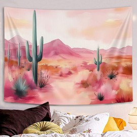 Pink Western Desert Landscape Tapestry, Preppy Pink Desert Cactus Tapestry for Bedroom, Howdy Cowgirl Tapestry Aesthetic Wall Hanging for Teen Girls Women College Dorm Living Room Decor, 60X40IN