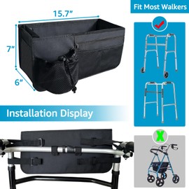 Basket for Walkers for Seniors Detachable, Cup Holder Bag Accessories for Folding Walker, Big Capacity Fold Pouch Pockets, Replacment for Walker Tray, Carrying Storage and Organizer for Water Food