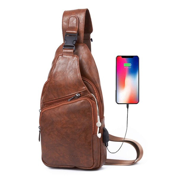 Men's Leather Sling Bag Shoulder Crossbody Chest Bag with USB Charge Port Casual Daypack Brown