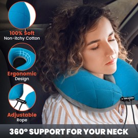 HIKENTURE Travel Pillow, Ultralight Inflatable Neck Pillow, Fully Inflated in 3 Breaths, Ergonomic Travel Neck Pillow for Airplane & Car, Portable Flight Pillow with Adjustable Softness(Blue)