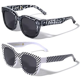 V.W.E. 2 Pairs Women Round Polarized Fit over Sunglasses - Wear Over Prescription Eyeglasses 100% UV Protection (1 Grey 1 Checker)