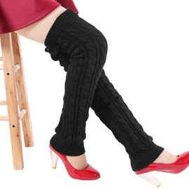Women Girls Knitted Over Knee-High Socks Winter Warm Casual Legging Stocking Thicken Long Leg Warmers Super Soft and Cozy Crochet Wool Boot Cover Socks, Black, Length: 65 cm/ 25.4 inches