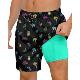 Cozople Mens Compression Swim Shorts Hawaii Fruit Graphic Swimming Trunks Neon Hawaii Stylish Men Bathing Suit 2 in 1 Quick Dry Beach Board Shorts Anti Chafe No Mesh