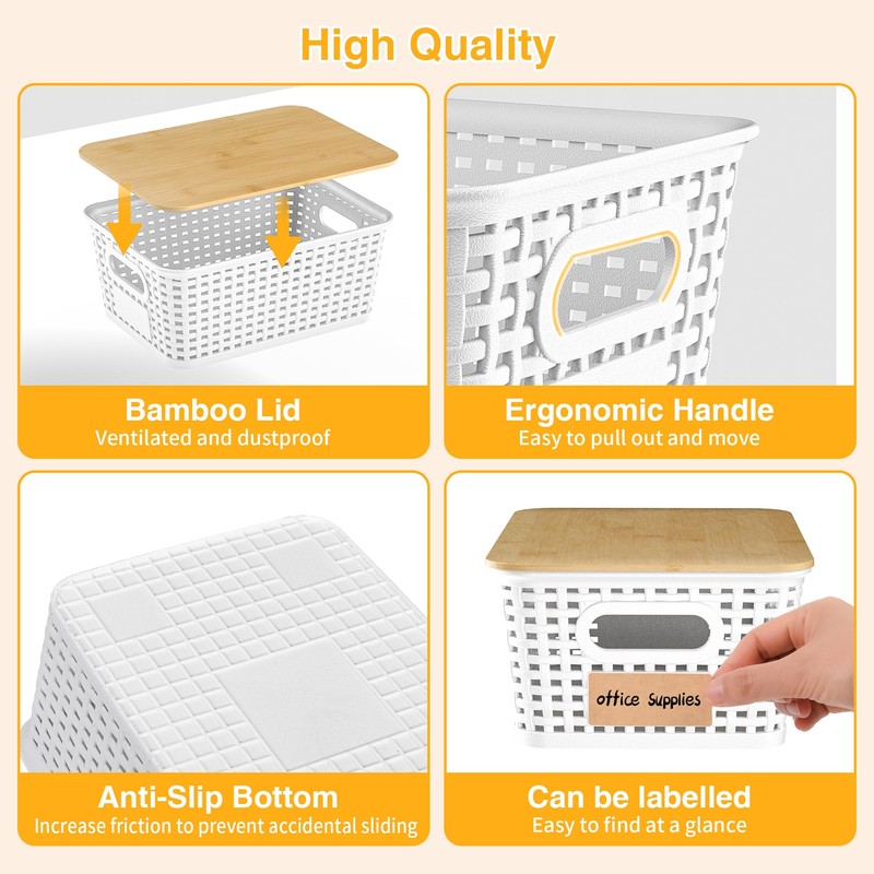 6 Pieces White Plastic Storage Baskets with Bamboo Lids with