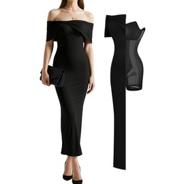 Popilush Formal Dresses for Women Wedding Guest Off The Shoulder Maxi Dress Sleeveless Bodycon Long Shapewear Prom Dress Black