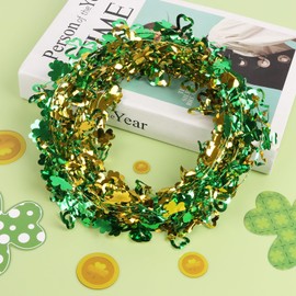 CCINEE 75 Feet St Patricks Day Tinsel Garland, Green Wire Tinsel Shamrock Garlands for Wreath Making Irish Wreath Party Ornaments 3 Roll