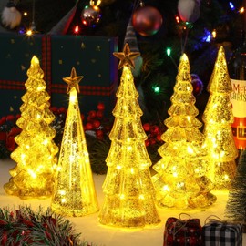 Soaoo 5 Pcs Mercury Glass Christmas Tree with LED Lights 10 Inch Large Figurine Lighted Christmas Tree Decoration Light up Tabletop Glass Decor for Home Table Centerpiece(Silver)