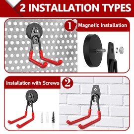 3-H Hook Magnets Heavy Duty 2 Extra Large,2 Small,Strong Magnetic Hooks for Hanging Cordless Power Drill,Utility Magnetic Tool Holder for Metal Cabinet,Steel Pegboard Workshop,Toolbox,Garage(Red)
