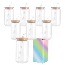 ABBSH Sublimation Glass Blanks With Bamboo Lid, Sublimation Frosted Glass Tumbler 16OZ, Sublimation Beer Can Glass, Frosted sublimation Glass Cups With Bamboo Lids And Straws 8Pack