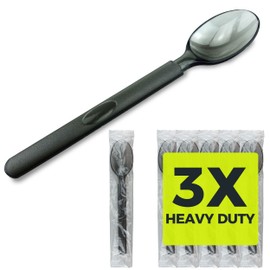 3X Heavy Duty Plastic Spoons Individually Wrapped, Sturdy Like Silverware, 100 Pack Black Disposable Spoons Bulk, Packaged To-Go Utensil Set, Perfect for Event Catering, Restaurant and Take Out.