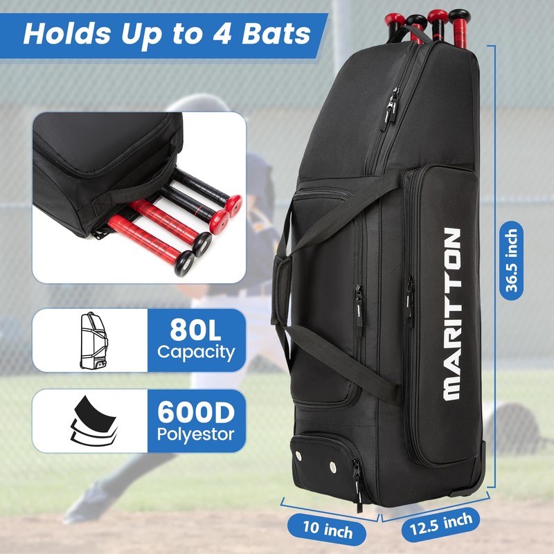 MERALIAN Rolling Baseball Catchers Gear Bag with Wheels, Large Baseball