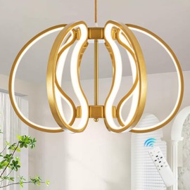 Jyforid Gold Modern Chandelier LED Pendant Lighting Dimmable Contemporary Chandelier for Dining Room Kitchen Foyer Entryway, 3000K-6000K