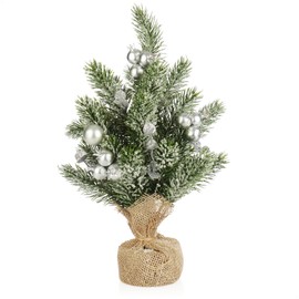 com-four® Decorative Christmas Tree - Small Jewellery Tree with Decorative Snow, Baubles and Fir Branches - Table Decoration for the Advent Season (35 cm. Twigs. Silver-Coloured Balls)