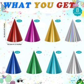 HEYTIMI Birthday Party Cone Hats Bulk Party Hats Metallic Foil Hats with Elastic String Assorted Colors for Birthday Party (240)