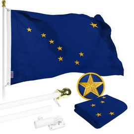 G128 Combo Pack: 5 Ft Aluminum Spinning Flagpole (White) & Alaska AK State Flag 2.5x4 Ft, StormFlyer Series Embroidered 220GSM Spun Polyester | Pole with Flag Included
