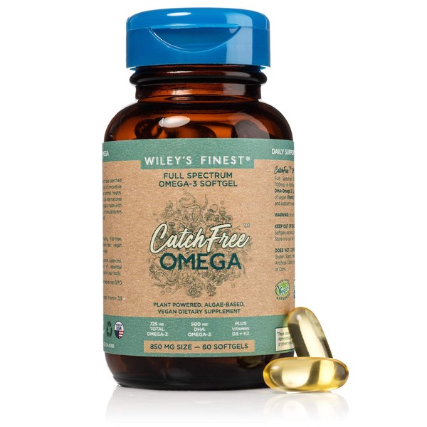 Wiley's Finest CatchFree Omega - Vegan, Non-GMO Fish Oil Alternative - Full Spectrum Omega-3 Liquid Supplement with Organic Plant-Based Algae Oil - 60 Softgels (60 Servings)