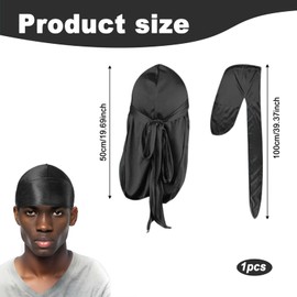 HEIZHU Silk Durag Mens for 360 Waves Dreadlocks, Silky Satin Durag, Fashion Headbands Long Tail Hats Comfortable (Black) - 1 PCS