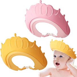2 gorros de ducha ajustables para el champú del bebé, de silicona suave y segura, con bonita forma de corona (Amarillo+Rosa)