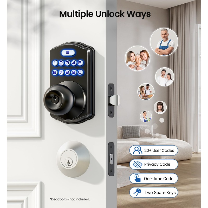 Veise Keypad Door Lock with Knob, Keyless Entry Digital Lock
