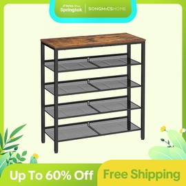 SONGMICS HOME Shoe Rack , Shoe Storage Shelves, 16-20 Pairs Shoe Organizer, Sturdy Wooden Top Steel Frame, Free Standing, Industrial - Color: Honey Brown + Ink Black, Size: 5 Tier (36.6"H)