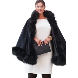 Cashmere Pashmina Group Poncho-Fur-Coat-Cape-Faux Fur-Ruana-blanket-Caplet-Wrap-Shrug-Sweater-dress shawl (Black Wool blend cape with faux fur trim)