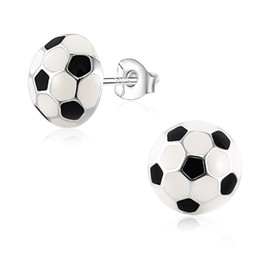 Premium Sterling Silver Sports Earrings Stud, Sports Jewelry Party Favors Gifts for Team Moms, Sport Fans as Football, Baseball, Soccer, Volleyball, Basketball Games (Soccer Black and White)