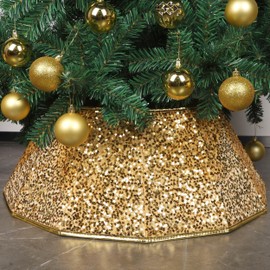 Blissun Christmas Tree Collar, Sequin Christmas Tree Skirt, Foldable Christmas Tree Ring, Xmas Tree Stand Base Cover for Christmas Tree Decoration, Bright Gold