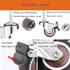 Stem Caster Wheels with 5/16" x 1-1/2" (8 x 38mm) Stem Sockets TPR Replacement Castors Swivel Casters for Carts, Furniture, Dolly, Workbench (2.0 inch with Brakes)