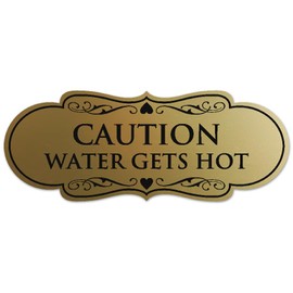 Signs ByLITA Designer Caution Water Gets Very Hot Sign - Easy Installation | Durable Wall or Door Sign (Brushed Gold) - Medium
