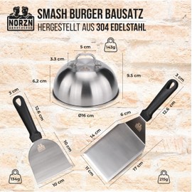 Norzn Brothers® Hamburger Kit, BBQ Set Made of 304 Stainless Steel for Plancha Grill and Griddles, 2 x Spatula and Grill Bell, EU Certified Food Contact, 3-Piece Burger Smasher Set