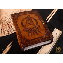 Avengers Marvels Logo Embossed Vintage Leather Sketchbook Journal Writing Notebook for Men & Women Leather Bound Notebook Daily Notepad 7x5 Inches.
