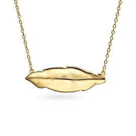 Native American Style Bohemian Boho Sideways Diagonal Feather Leaf Pendant Necklace Western Jewelry For Women For Teen 14K Gold Plated .925 Sterling Silver