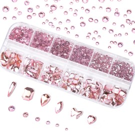 Nail Art Rhinestones Kit Round Flat Back Rhinestones Multi Shape Nail Gems Nail Crystals Diamonds Jewelry Rhinestones for Nail Design DIY Crafts Decoration（Pink）
