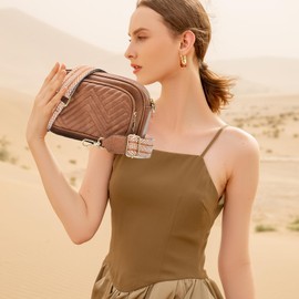 I IHAYNER Small Quilted Crossbody Bags for Women Vegan Leather Purses Designer Shoulder Handbags with Colored Shoulder Strap Brown