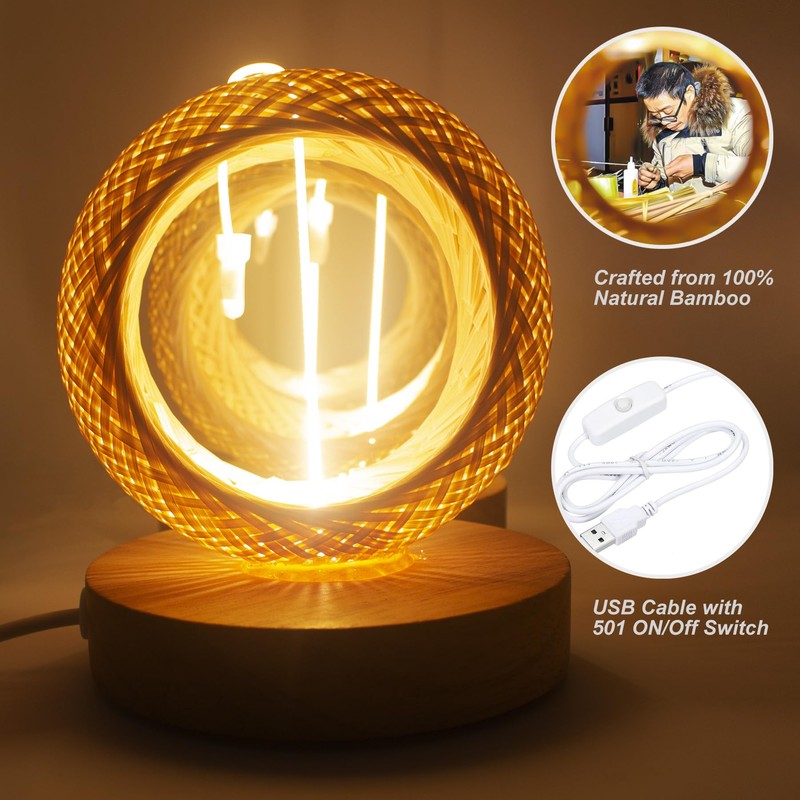EDALOPLI Boho Lamp, Small Bamboo Table Lamp, USB Powered, Warm